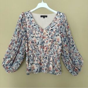 Catherine Malandrino Women M Smocked Peplum Top Cottagecore Blouse Balloon Sleev